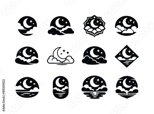 Sleep Sound Logos. Relaxing sounds for sleep. Icon set. Set Logo of relaxing sounds for sleep: quiet night sky. harmonious logo variations of the