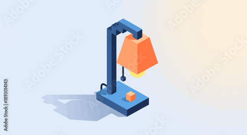 A minimalist blue desk lamp with an orange shade casts a shadow