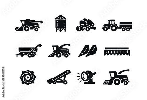 Harvest Machinery Icons. Harvest machinery. Solid icon set of harvest machinery: combine harvester, grain bin, baler, tractor with trailer, auger cart, silage