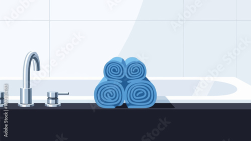 A minimalist illustration of a bathtub faucet, rolled blue towels, and bath