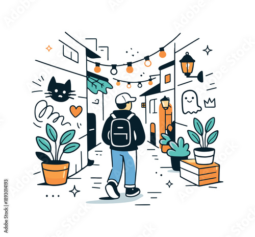 Hidden Urban Oasis. Exploring hidden city corners. A person walks through a narrow alley with plants, street art, and warm lights, revealing a secret urban