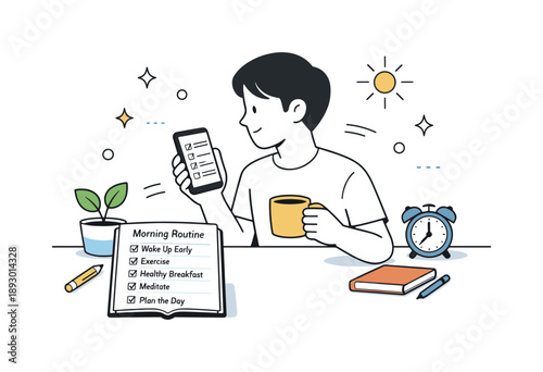 Morning Routine Planning. Morning routine planning. Person checking a planner or phone with a to-do list, sitting at a table. Organization, clarity and daily