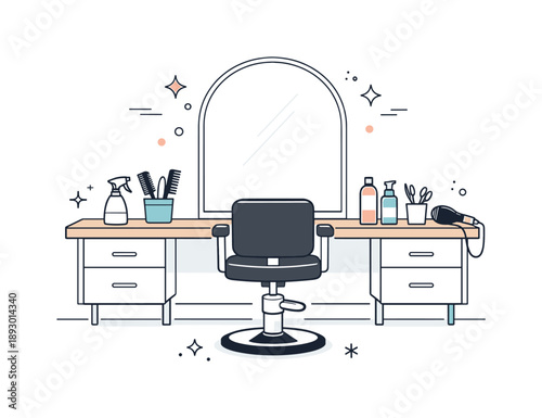 Minimalist Salon Station. Professional hair salon space. Empty stylist station with mirror, chair, and tools arranged symmetrically, calm pause between