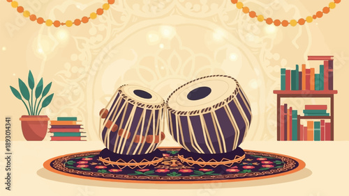 A pair of Indian tabla drums sit on a decorative rug next to books and a plant
