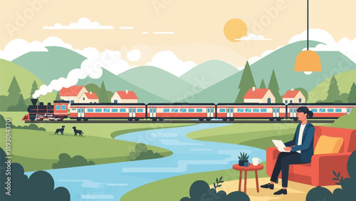 A person relaxes indoors while a train passes by a scenic countryside