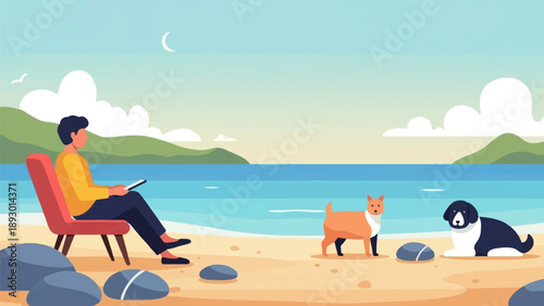 A person relaxes on a chair with two dogs on a beach near the ocean