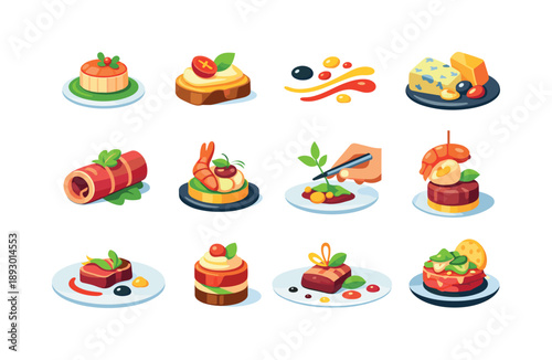 Gourmet Tapas Icons. Gourmet Tapas. Colorful flat vector icons set of Gourmet Tapas: artistic small plates, fine garnish, seared scallop, mini toast, sauce