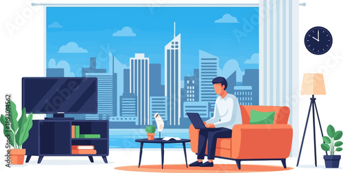 A person works on a laptop in a living room overlooking a city skyline