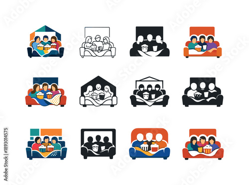 Cozy Movie Night Icons. Friends enjoying a cozy movie night at home with popcorn and blankets. Icon set. Set Logo of Friends enjoying a cozy movie night at
