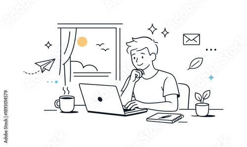 Minimalist Freelance Workspace. Remote work setup. Freelancer sitting at a desk near a window, laptop open and coffee nearby, relaxed concentration and