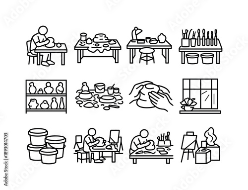 Studio Clay Icons. Studio Clay Practice. Line icon set of Studio Clay Practice: artist at worktable, clay covered desk, sculpting workspace, tool organized
