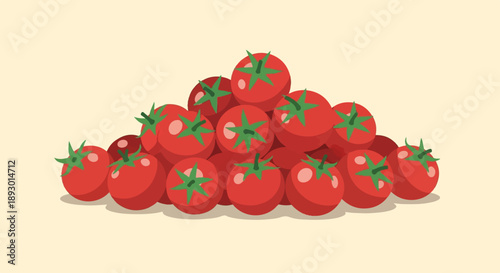 A pile of vibrant red, ripe tomatoes with green stems rests on a light background