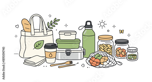 Eco-Friendly Kitchen Calmness. Reusable products lifestyle scene. A calm kitchen moment with reusable containers, glass jars, and a tote bag, expressing