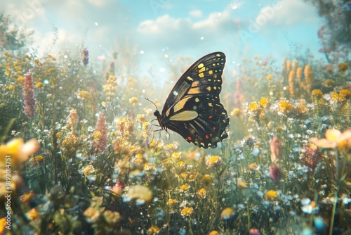 Butterfly fluttering over vibrant wildflowers in a sunny meadow during early morning