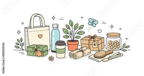 Eco-Friendly Gift Ideas. Sustainable gift ideas. A selection of eco-friendly presents like reusable bottles, cloth bags, and plants arranged neatly on a table.