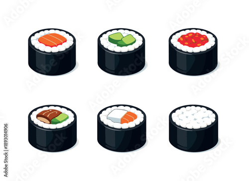 Maki Sushi Icons. Maki sushi. Isometric flat vector icons set of maki sushi: salmon maki, cucumber maki, spicy tuna roll, eel and avocado roll, cream cheese