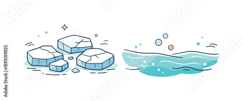 Ice to Water Transition. Ice breaking into water illustration. Simplified transformation scene with cracked ice blocks and gentle water flow, quiet sense of