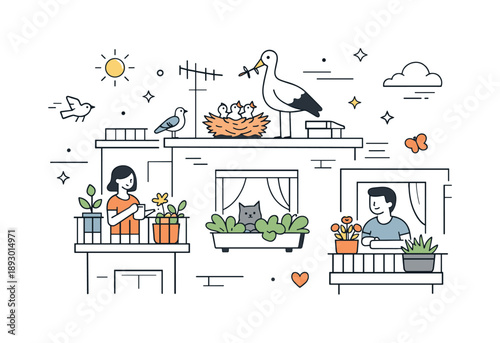 Urban Wildlife Harmony. Urban wildlife coexistence. Birds nest on rooftops while plants grow on balconies and windowsills, illustrating everyday biodiversity
