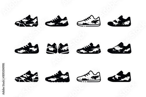 Scuffed Shoes Icon Set. Scuffed Shoes. Icon set. Set Logo of Scuffed Shoes: sneaker with peeling paint texture. harmonious logo variations of the