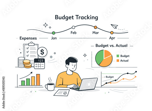 Budget Planning Illustration. Budget planning tracking. Monitoring expenses over time with a timeline and simple charts, steady control and clarity. Soft