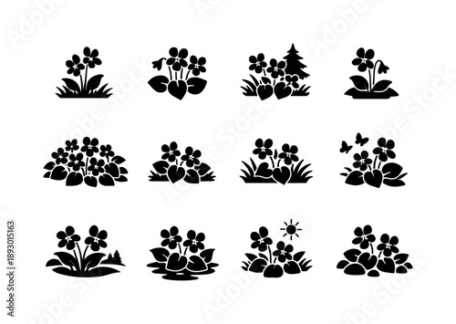 Wild Violet Icons. Wild violet. Solid icon set of Wild violet: meadow flower, forest violet, natural growth, ground cover plant, woodland bloom,