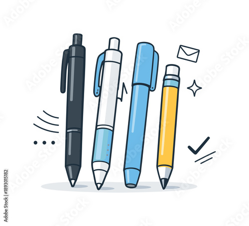 Minimalist Pens Art. Modern pens minimal scene. A few pens slightly staggered, gentle overlap suggesting variety without clutter. Simple design appreciation,