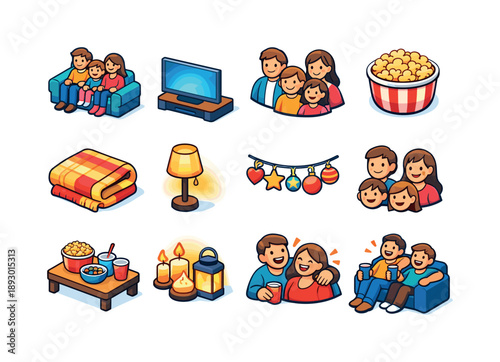 Family Movie Night Icons. FamilyMovieNight. Colorful isometric vector icons set of FamilyMovieNight: family sitting on sofa, television screen glow, parents