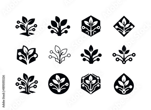 Precision Farming Logos. Precision farming. Icon set. Set Logo of precision farming: plant with sensor nodes. harmonious logo variations of the same emblematic