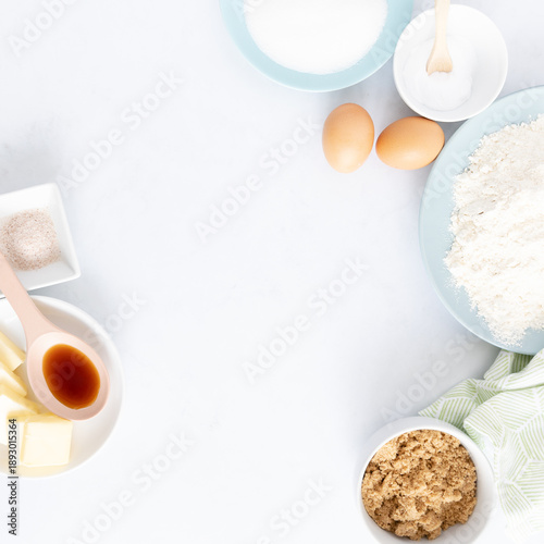 Baking ingredients in flay lay pretty background