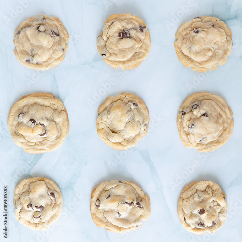 Chocolate chip cookies on a blue background