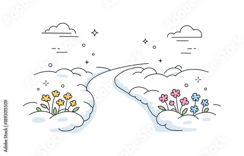 Path of Renewal. Snow-lined path with flowers illustration. Clean path through snow with delicate blossoms appearing along the sides, symbolizing renewal and