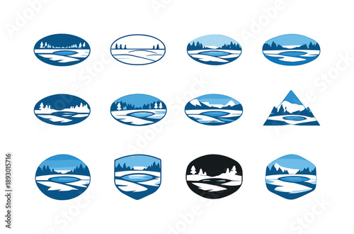 Field and Pond Logos. Snow-covered field with a frozen pond in the distance. Icon set. Set Logo of snow-covered field with a frozen pond in the distance: icy
