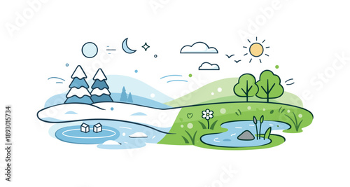 Seasonal Harmony Illustration. Nature balance transition illustration. A simple landscape where frozen ground and fresh grass coexist in harmony. The scene