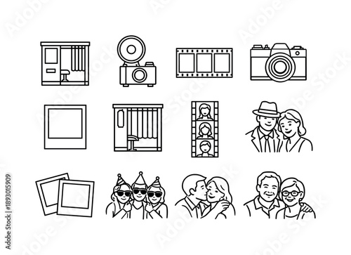Retro Photo Booth Icons. Retro Photo Booth. Line icon set of Retro Photo Booth: vintage booth cabin, old camera flash, film strip photos, analog camera,