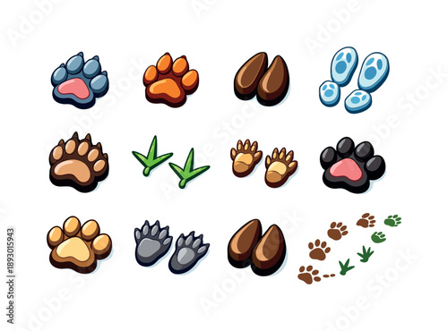Colorful Animal Tracks Icons. Animal Tracks. Colorful isometric vector icons set of Animal Tracks: wolf paw print, fox paw print, deer hoof print, rabbit