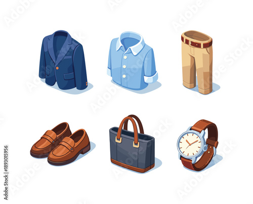 Casual Business Icons Grid. Casual business attire. Isometric flat vector icons set of Casual business attire: blazer jacket, button down shirt, chinos