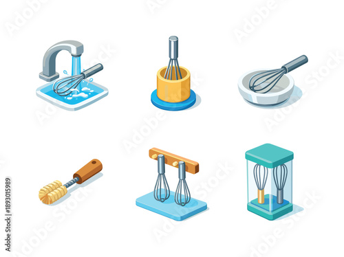 Whisk Care Icons. Whisk Care. Isometric flat vector icons set of Whisk Care: rinsing whisk under water, drying whisk upright, whisk on ceramic holder, whisk