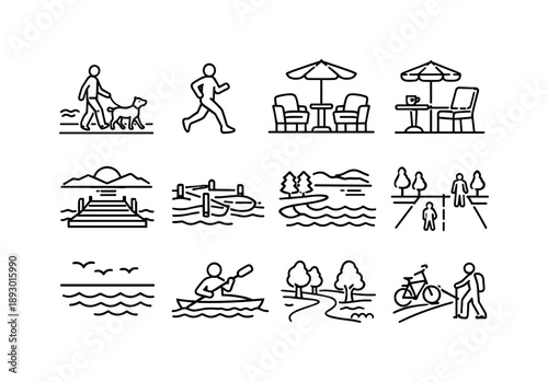 Waterfront Leisure Icons. Waterfront Leisure Icons. Line icon set of Waterfront Leisure Icons: walking dog along waterfront, person jogging silhouette, casual