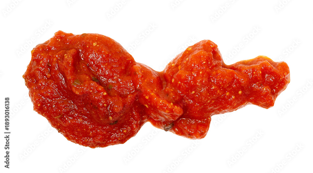 Obraz premium Tomato sauce with ricotta cheese spread isolated on white background, clipping path, top view