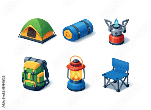 Camping Essentials Icons. Camping Gear Essentials. Isometric flat vector icons set of Camping Gear Essentials: dome camping tent, rolled sleeping bag, portable