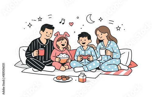 Cozy Family Gathering. Family pajama party. Parents and kids in cozy pajamas enjoying a relaxed holiday evening together. Togetherness, warmth, and playful