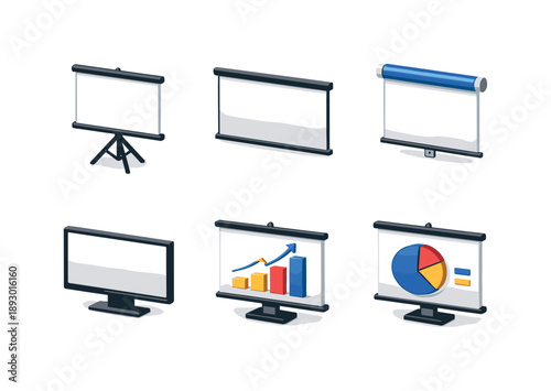 Colorful Presentation Screen Icons. Presentation screen. Isometric flat vector icons set of Presentation screen: projector screen on tripod, wall-mounted