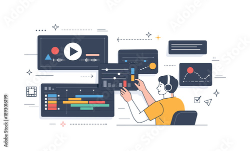 Motion Graphics Workflow. TV graphics and visual effects ? motion graphics workflow. Designer arranging layers, timelines, and animated elements, focused on