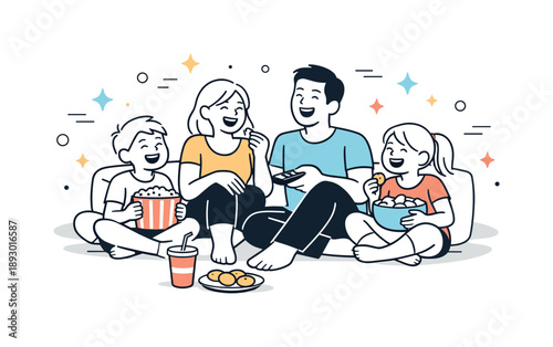 Warm Family Movie Night. Family movie night ritual. Children and adults sitting together, laughing and sharing snacks, with soft lighting and