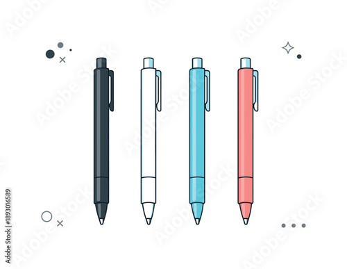 Minimalist Pen Collection. Minimal pen collection. A small set of pens arranged in a clean row, simple cylindrical shapes and subtle clip details. Calm