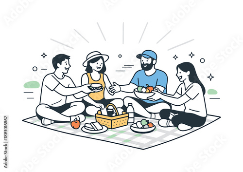 Picnic Bliss. Outdoor lunch. Friends laughing and passing sandwiches or fruit while sitting on a picnic blanket, soft shadows and abstract sun rays around.