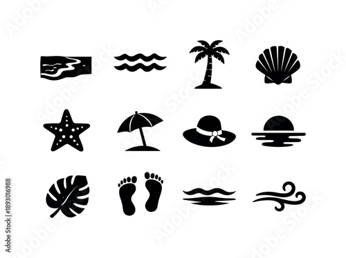 Pristine Beach Icons. Pristine beach. Solid icon set of Pristine beach: sandy shore, gentle waves, palm tree, seashell, starfish, beach umbrella, sun hat,