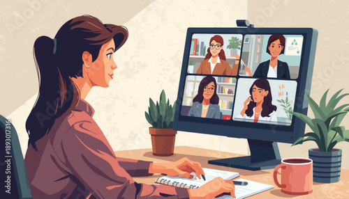 A woman sitting at a desk in front of a computer monitor with multiple people on the screen during a video conference call remote work from home office