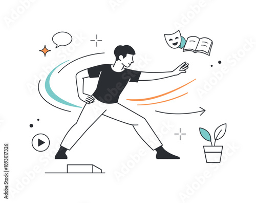 Expressive Performer Illustration. Acting techniques. A single performer practicing posture and movement, abstract motion lines emphasizing physical