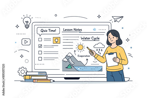 Interactive Learning Module Design. Interactive lesson preparation. Teacher adding quizzes, diagrams, and notes to an e-learning module, highlighting